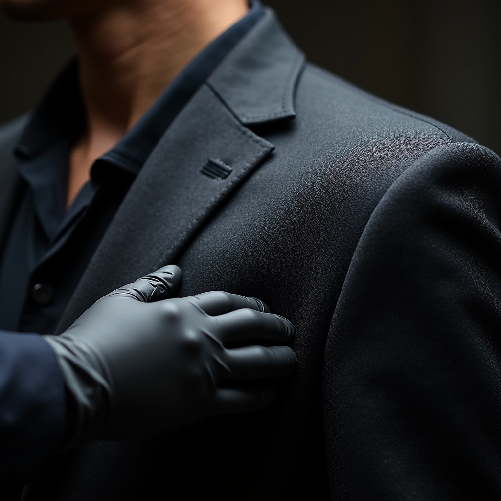 Dettaglio di un abito scuro durante la fase di pressatura professionale